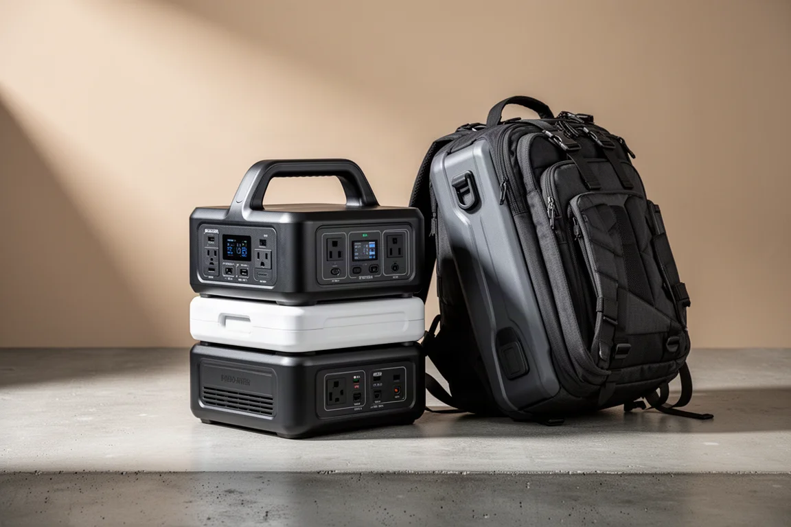 Power station portatile modulo inverter e zaino porta-batterie su una superficie di calcestruzzo