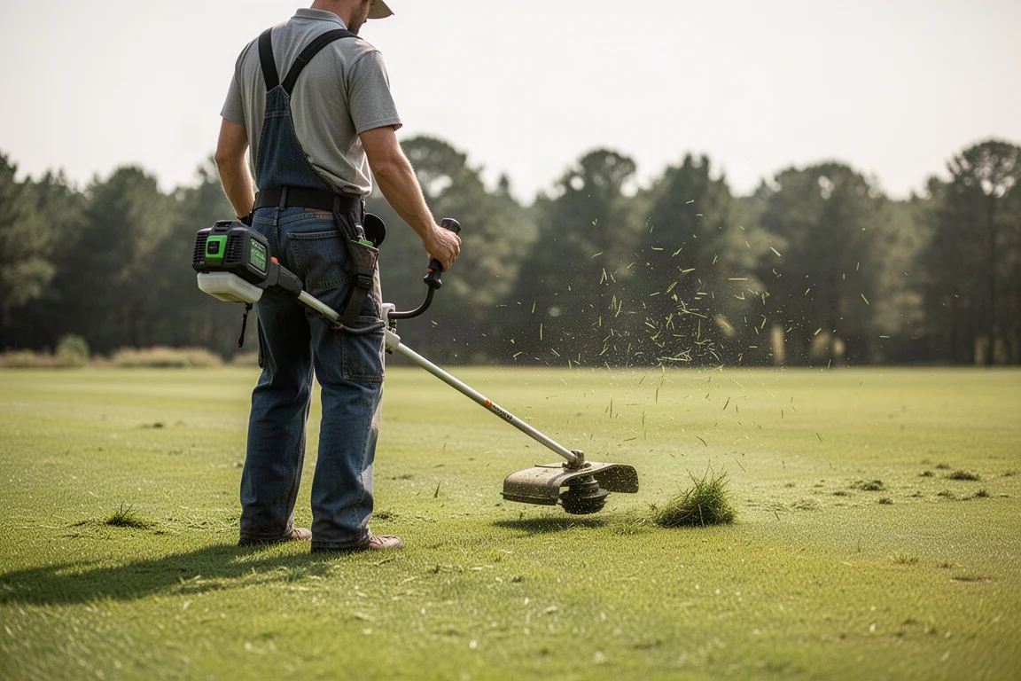 Commercial landscaper operating a cordless string trimmer in an open lawn