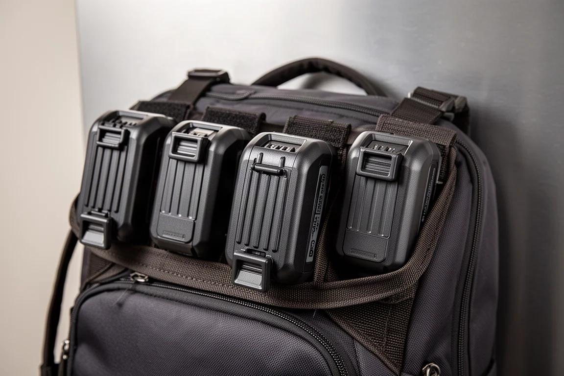 Close-up of slide-in battery packs locked into a backpack carrier frame