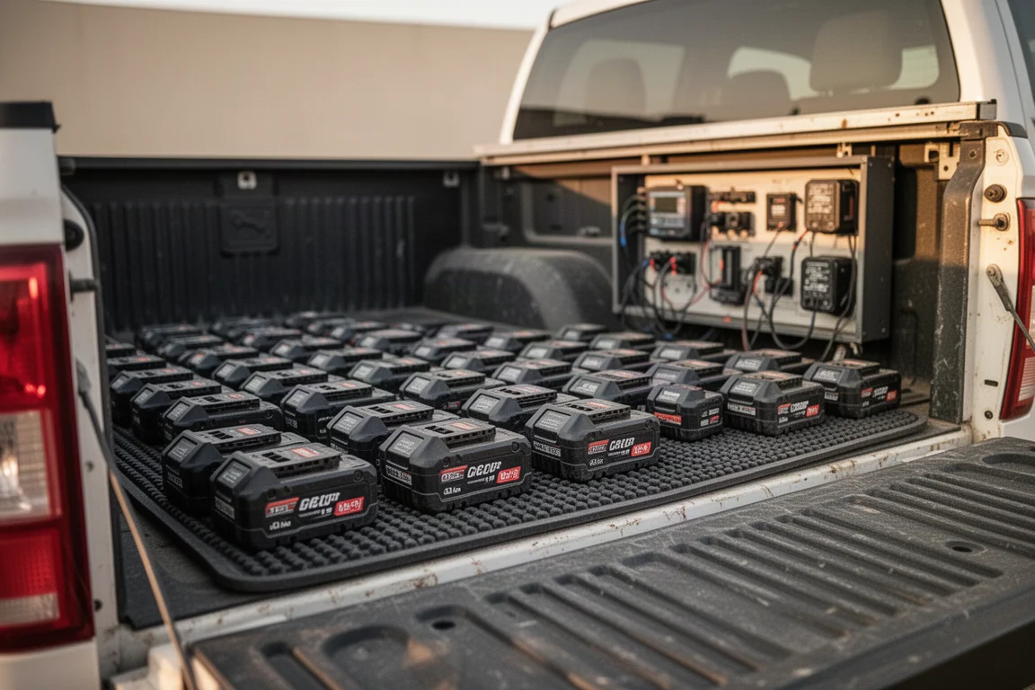 Work truck bed with rows of cordless tool batteries lined up