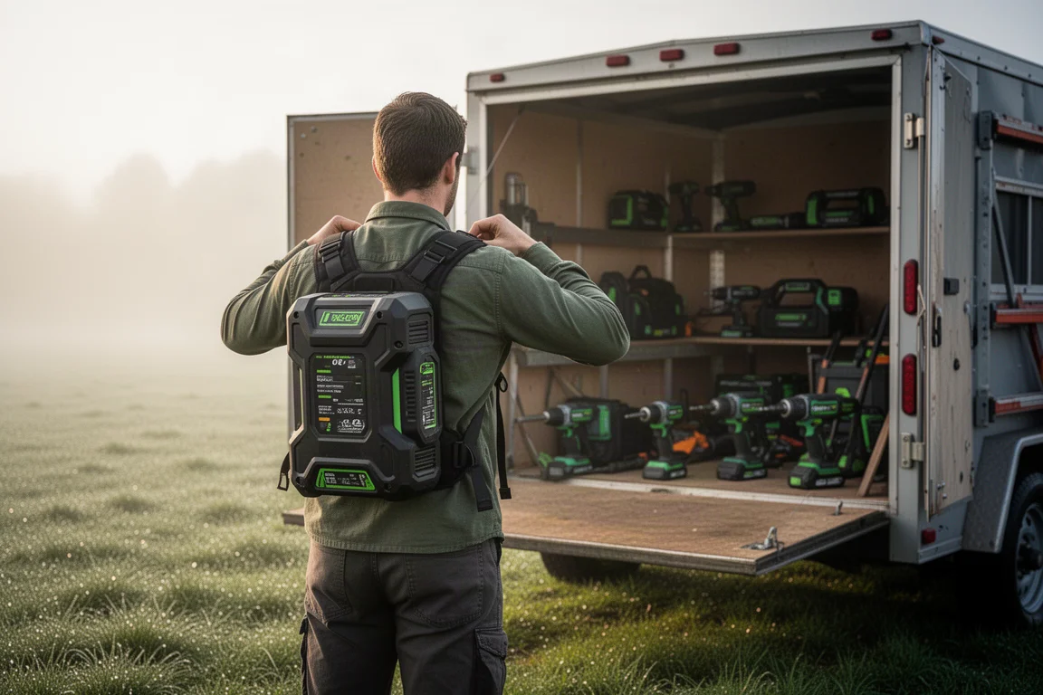 Landscaper adjusting the straps of a battery backpack beside a work trailer