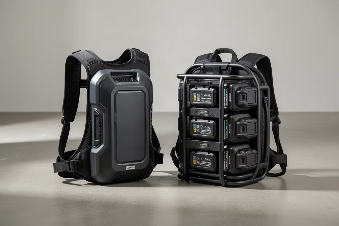 Two battery backpack designs side by side on a concrete floor