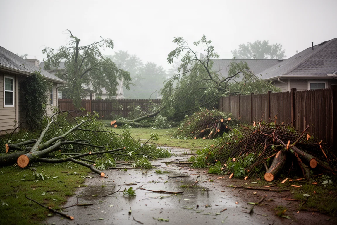 Sturmgeschädigte Äste und Gestrüpp, nach schwerem Unwetter auf einem Grundstück gestapelt