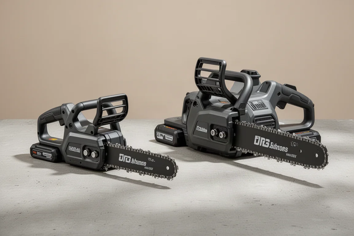 Compact and large cordless chainsaws side by side on concrete
