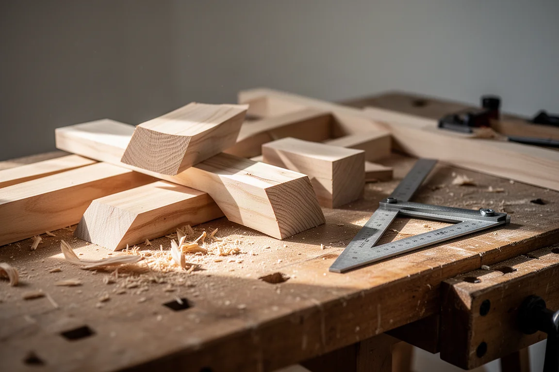 Espacio de trabajo de carpintería bien organizado con madera y herramientas