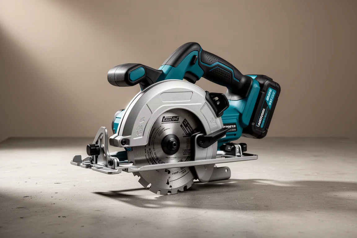 Large teal and black cordless circular saw on a concrete workshop surface