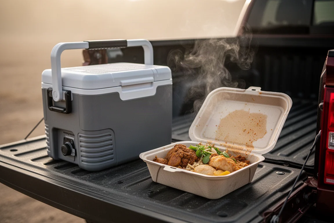 打開的外食保溫餐盒放在冷卻箱旁邊