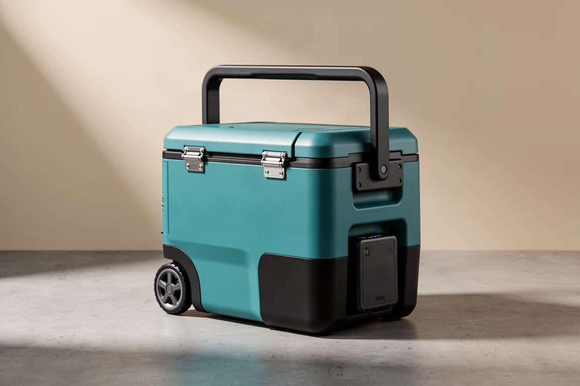 Compact teal and black portable cordless cooler box with wheels on concrete surface