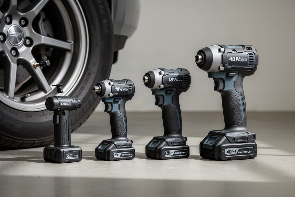 Vier Akku-Kompressoren in Reihe auf einem Betonboden einer Werkstatt neben einem Autoreifen