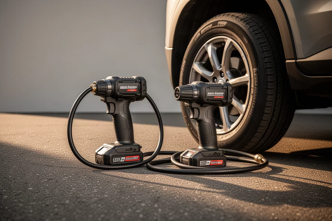 Größerer Akku-Kompressor nach der Nutzung neben einem Autoreifen