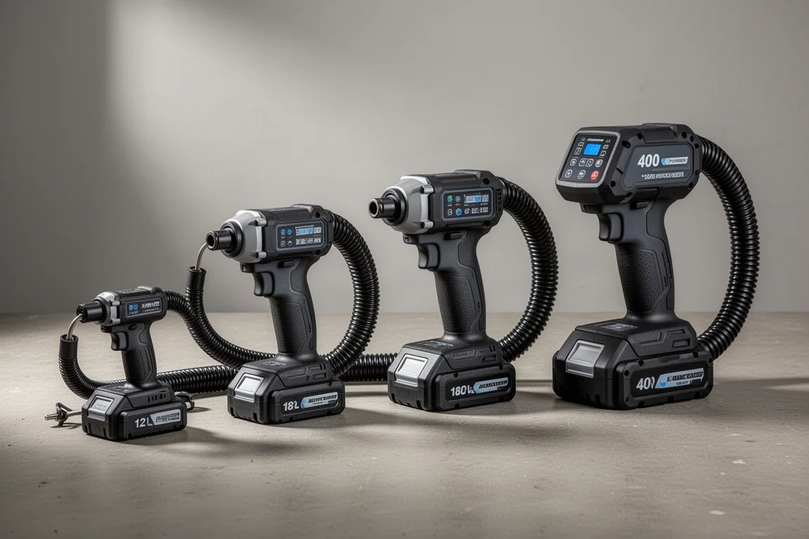 Four Makita cordless inflators lined up on a concrete workshop surface