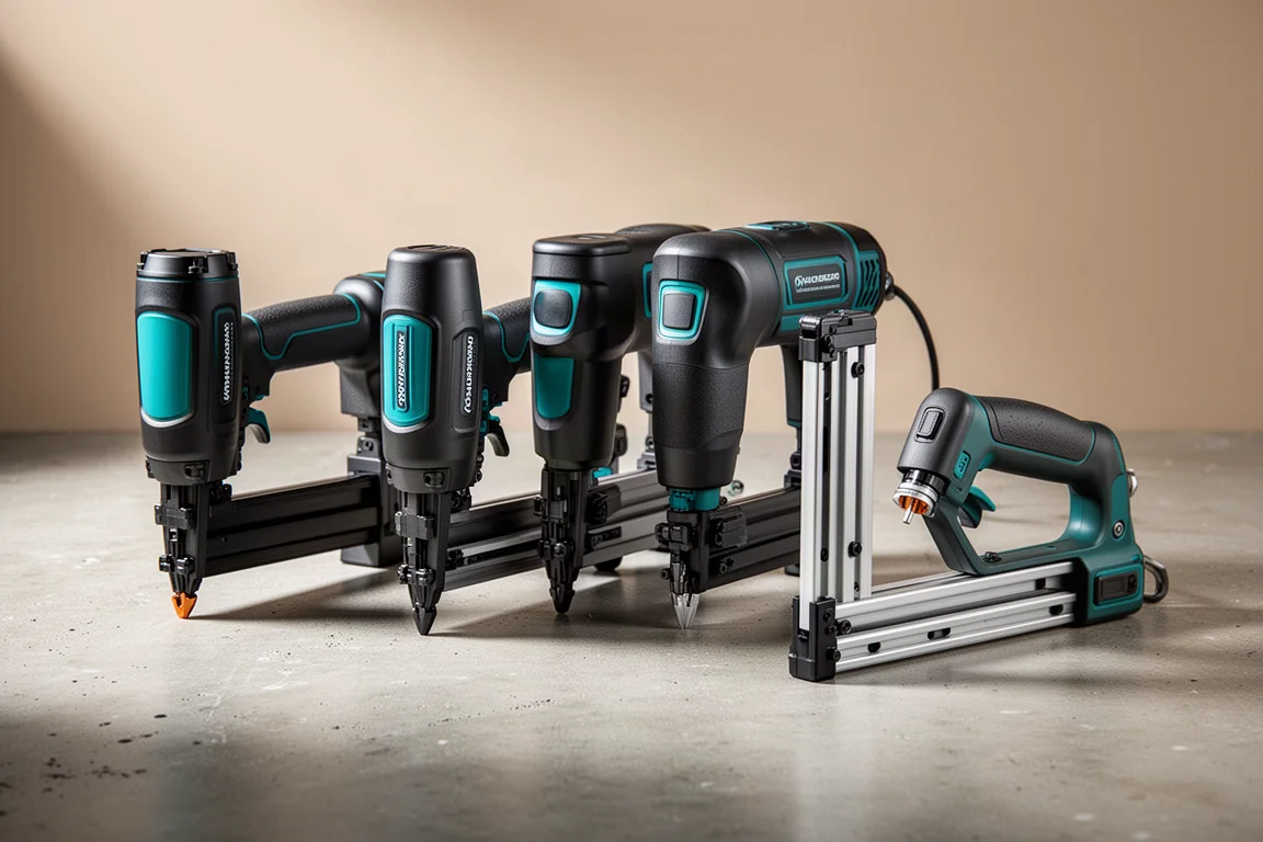 Lineup of modern cordless nailers and a narrow crown stapler on a concrete workshop surface