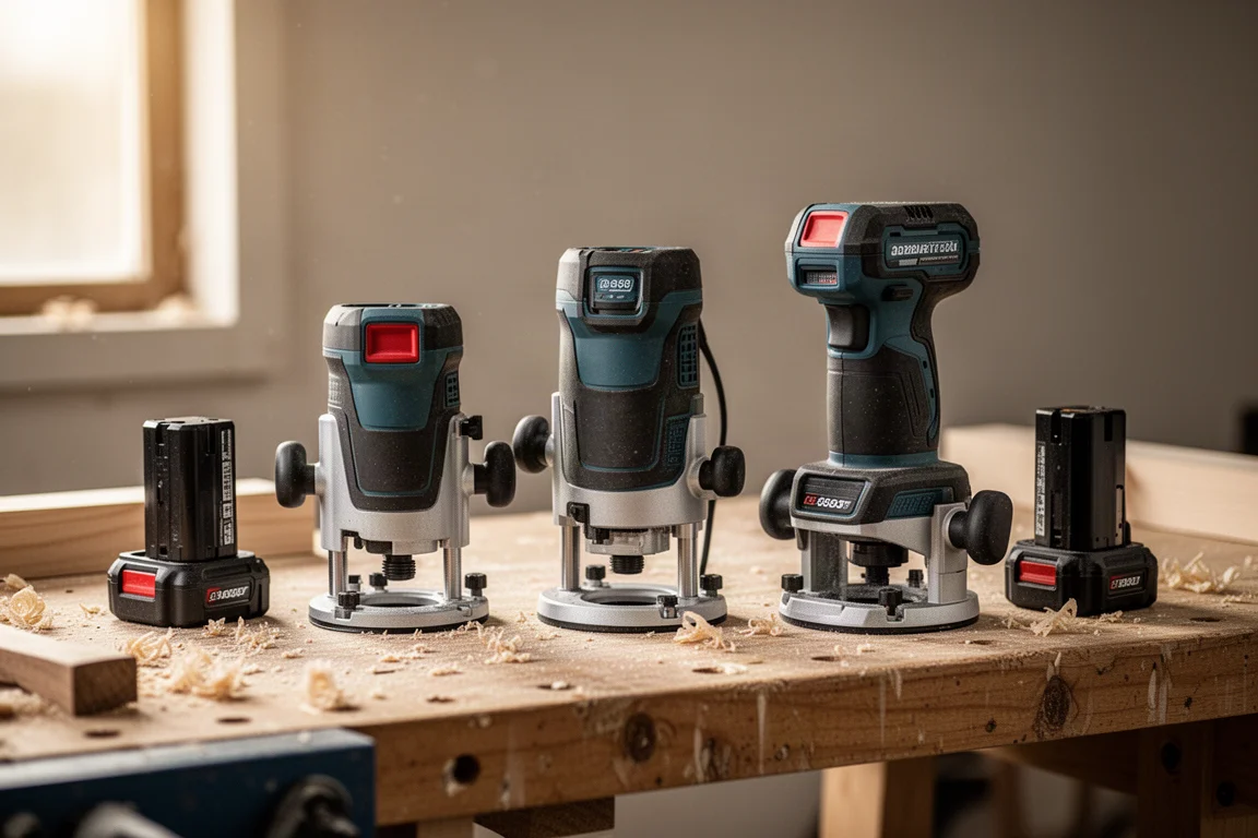 Drie accu-boorfreesmachines op een werkbank naast accu's opgesteld