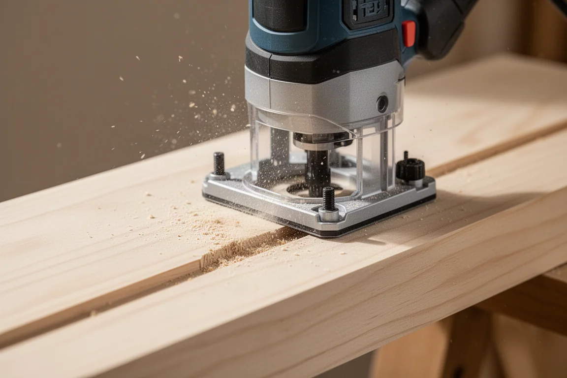 Compacte trimmachine zaagt een ondiepe groef in een houten plank
