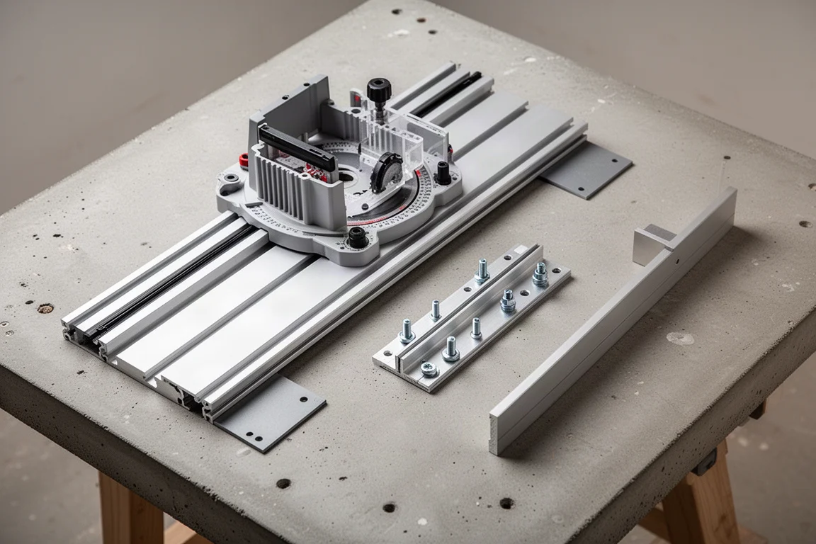 Geleiderails en railadapter-onderdelen van de boorfreesmachine op een werkbank uitgestald