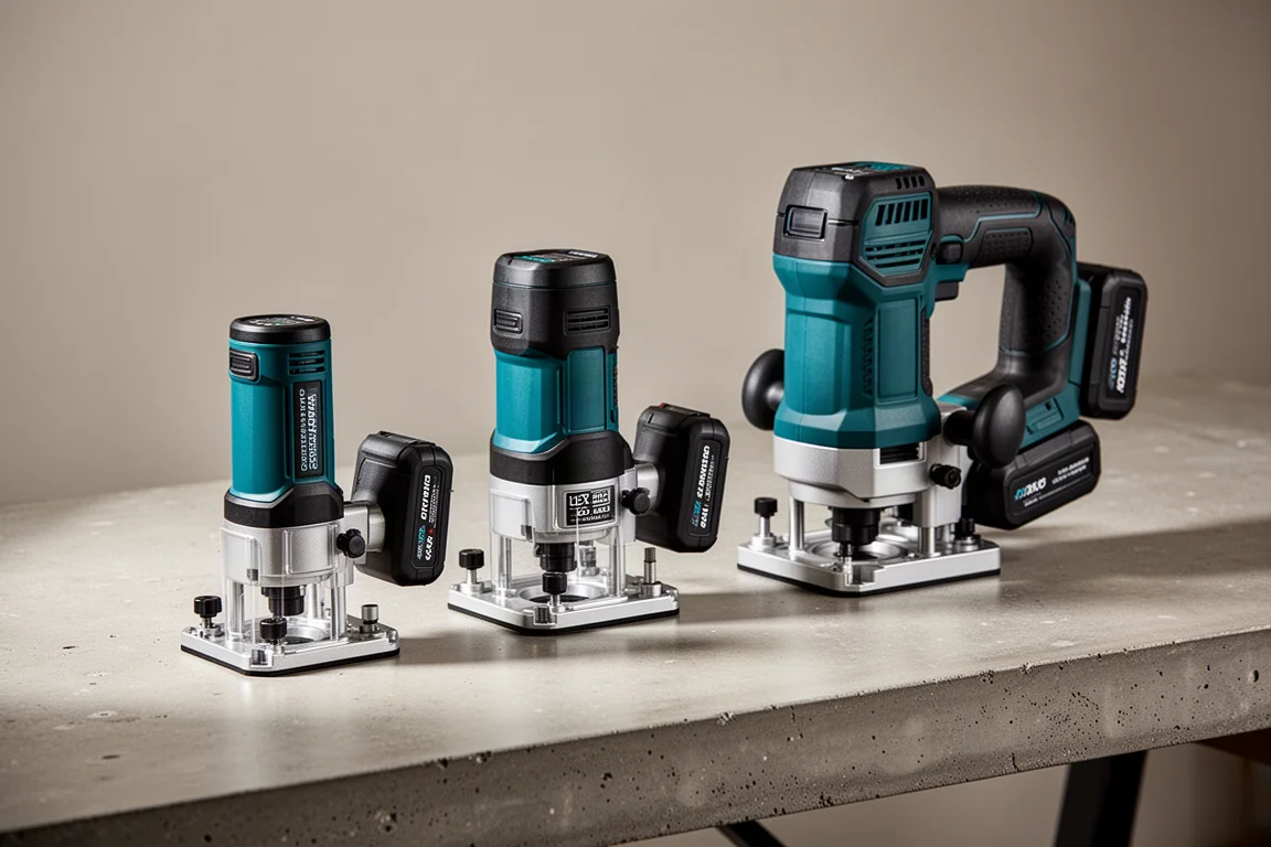 Three Makita cordless routers of increasing size lined up on a workbench