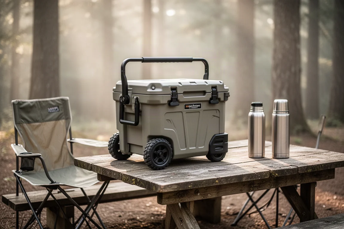 Cooler box portatile con ruote e manico ripiegato su un tavolo da campeggio