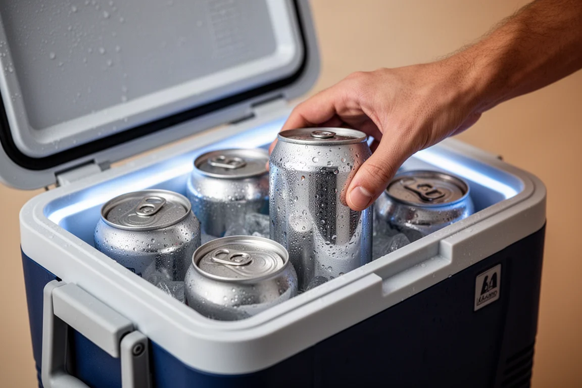 Una mano che inserisce una lattina in un cooler portatile aperto