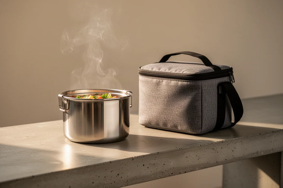 Contenitori alimentari in acciaio inox accanto a un warmer box isolato su un banco