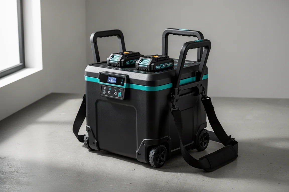 Makita CW001G cordless cooler and warmer box with batteries and shoulder strap on concrete