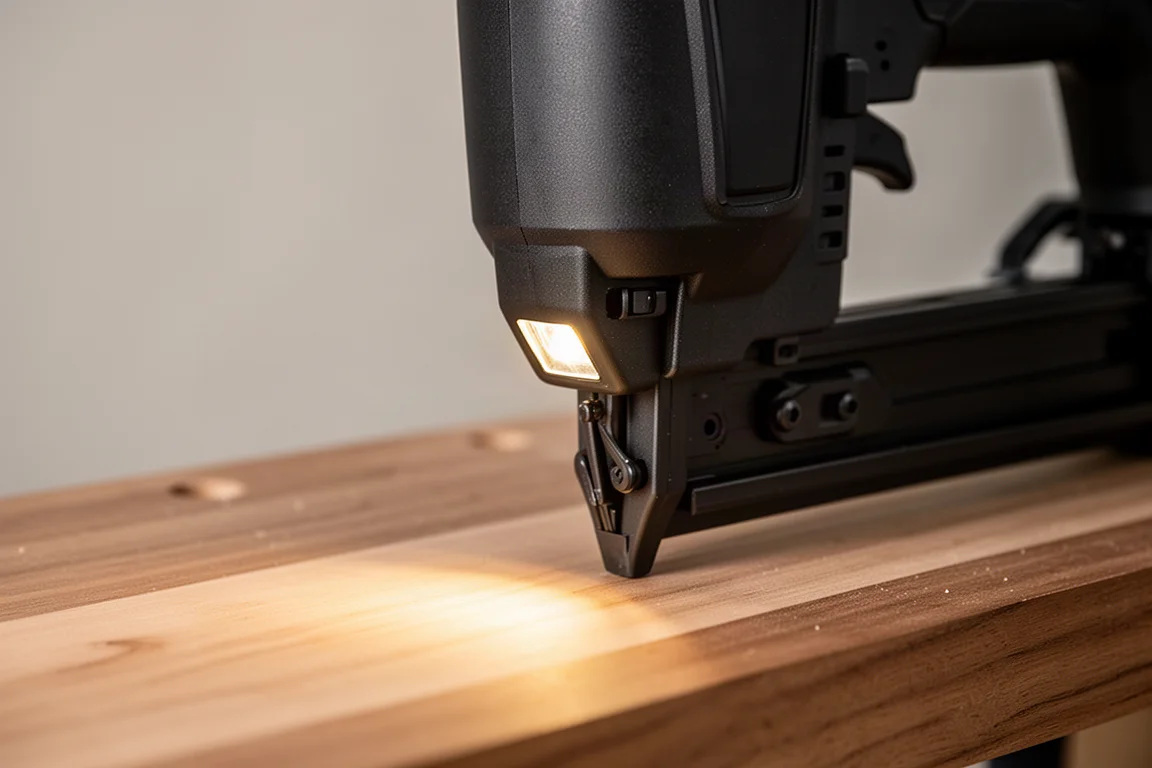 Primer plano de la cabeza de un clavador de cabillas con una luz LED de trabajo iluminando la punta