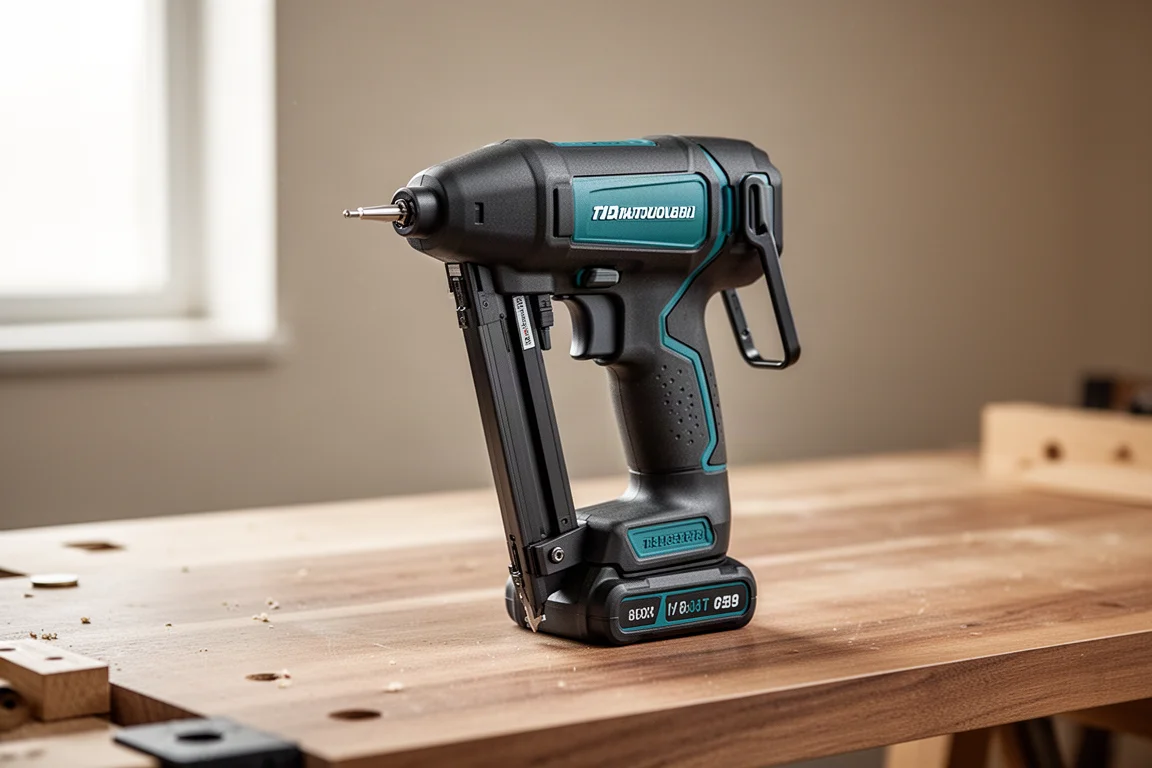 Compact cordless pin nailer standing on a wood workbench with battery attached