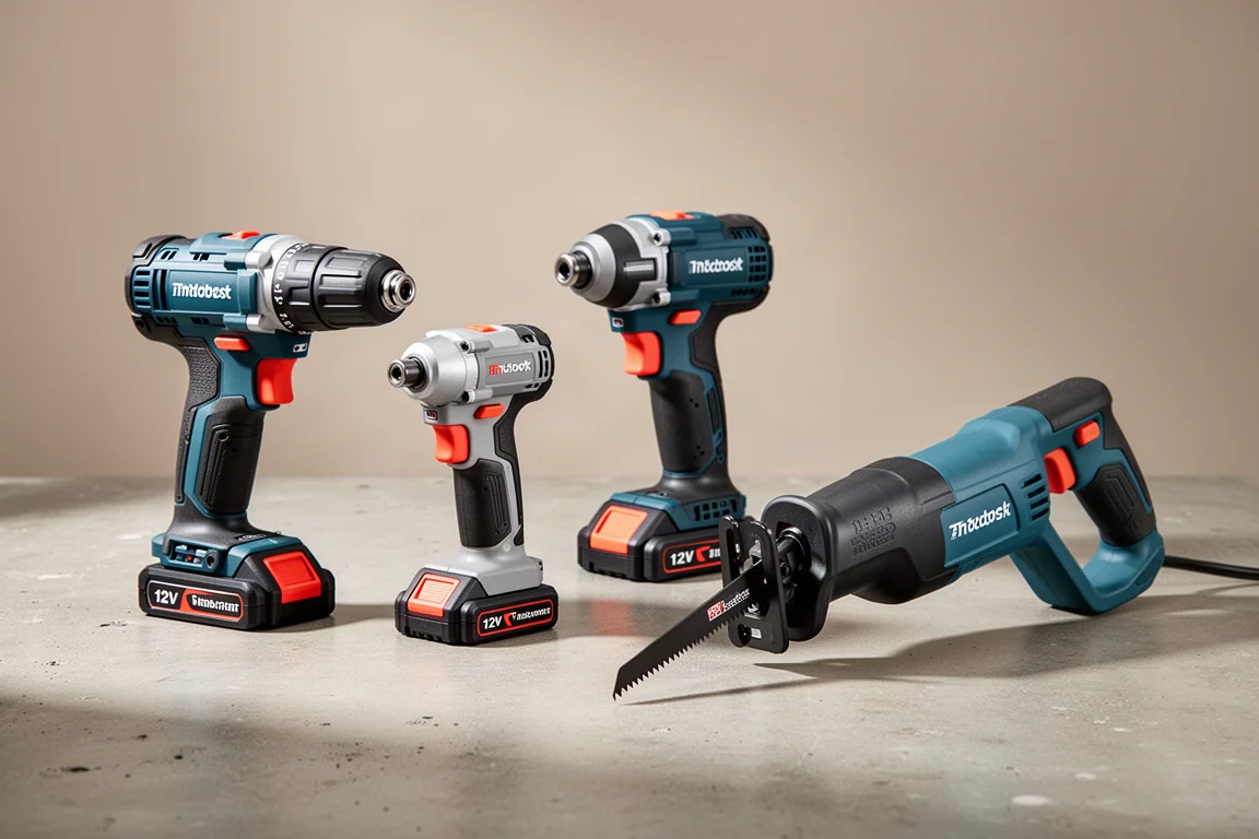Compact 12V cordless drill, impact driver, and reciprocating saw on a concrete surface
