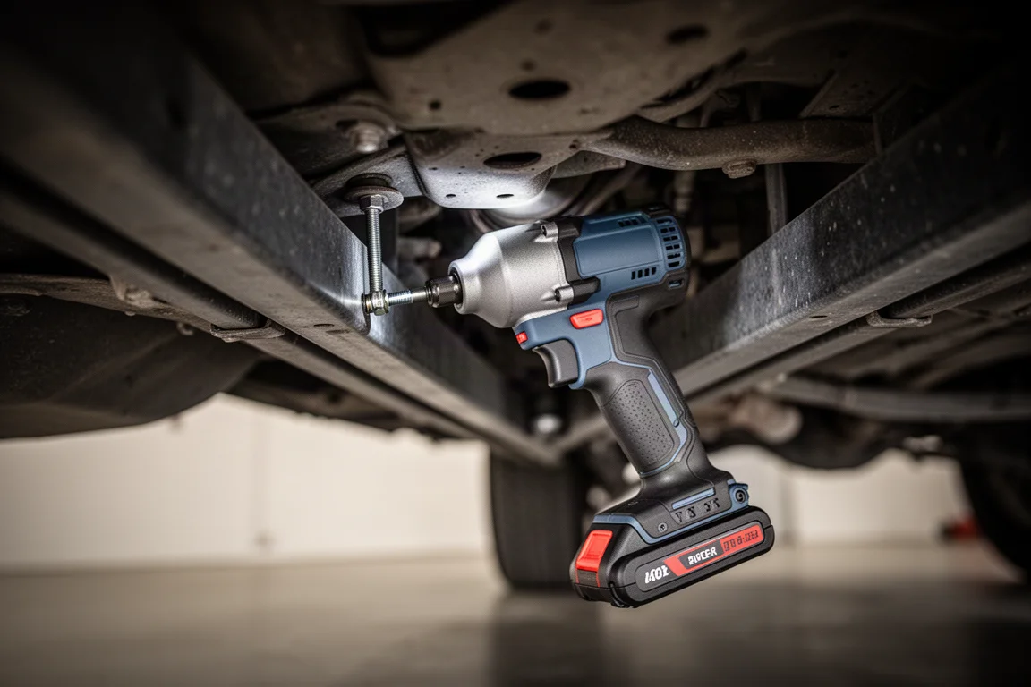 Mecânico usando uma chave de impacto compacta embaixo de um veículo para soltar fixadores pequenos