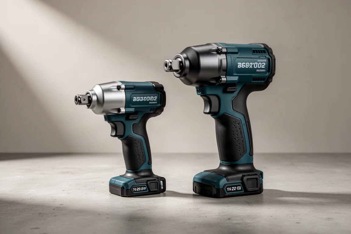Two compact Makita-style cordless impact wrenches side by side on a concrete surface