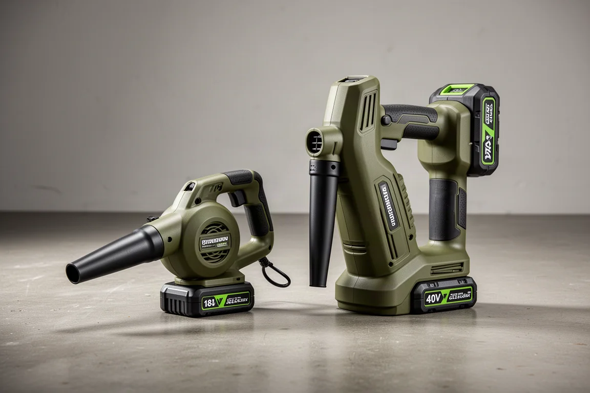 Two Makita cordless dust blowers side by side on a concrete floor