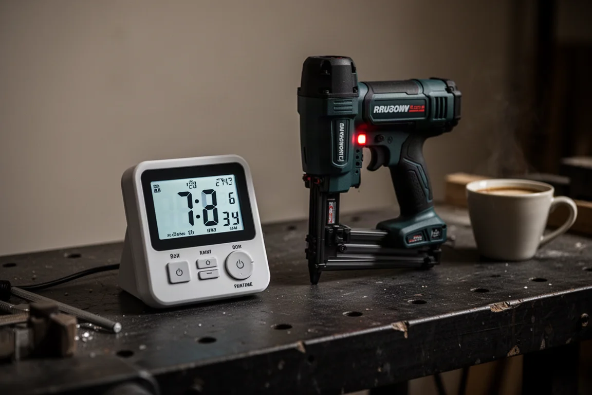 Timer op een werkbank tijdens een standby-duurtest van een spijkerapparaat