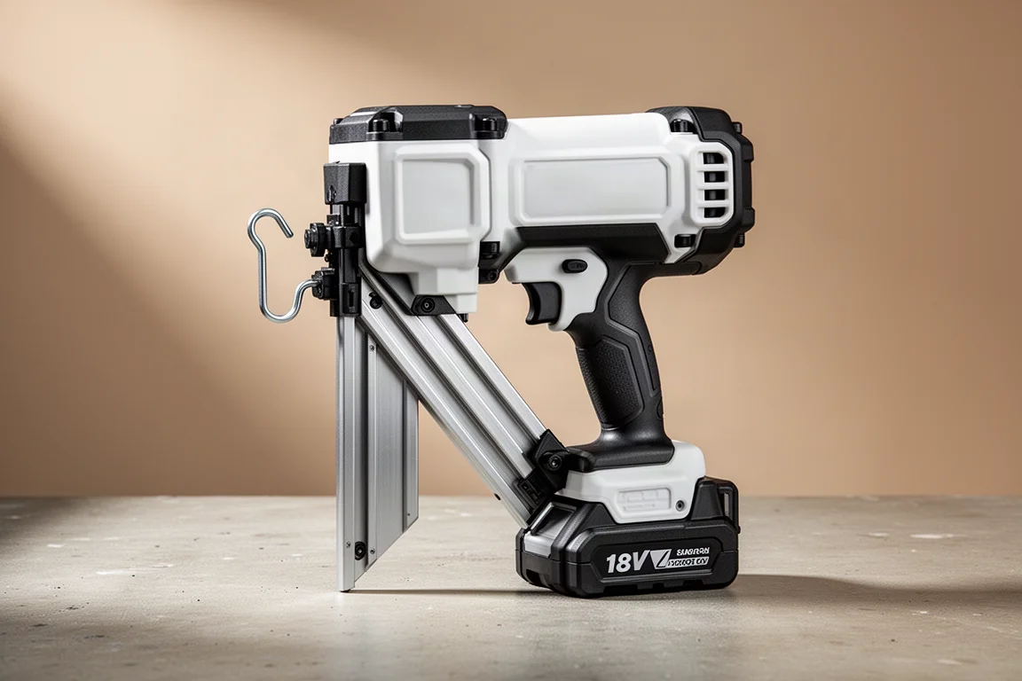 Makita DBN900 cordless framing nailer standing upright on a concrete workshop surface