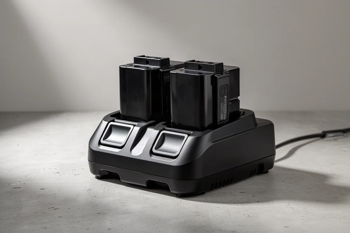 Makita XGT 40V rapid dual charger with two battery packs on concrete surface