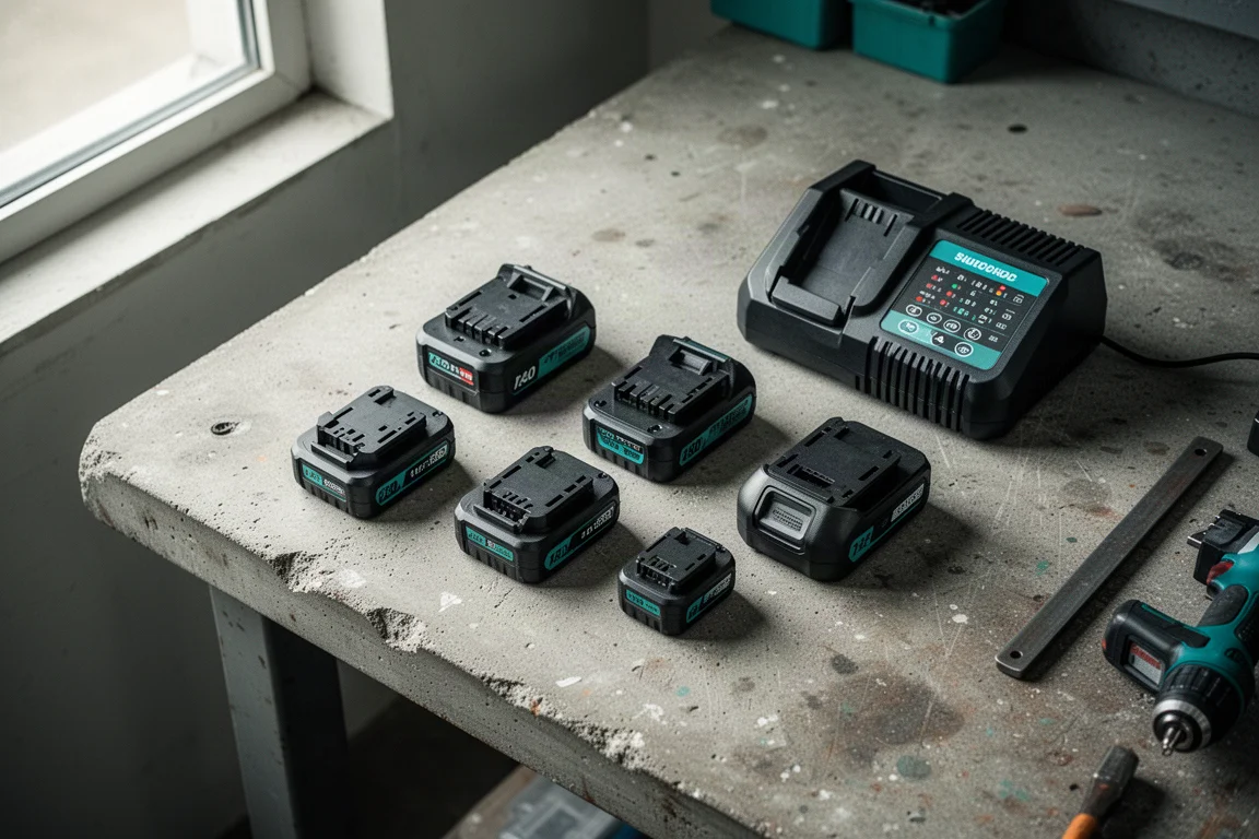 Établi d'atelier avec plusieurs batteries coulissantes Makita de différentes tailles alignées