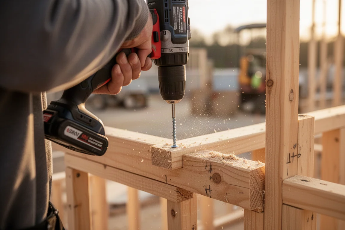 Un artisan utilisant une perceuse sans fil pour visser dans une charpente en bois