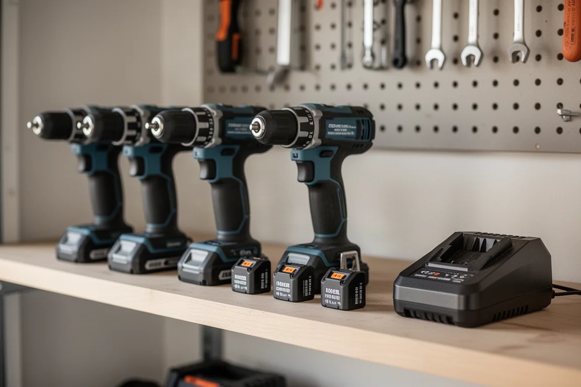 Outils et batteries sans fil compacts de classe 12V sur une étagère de garage