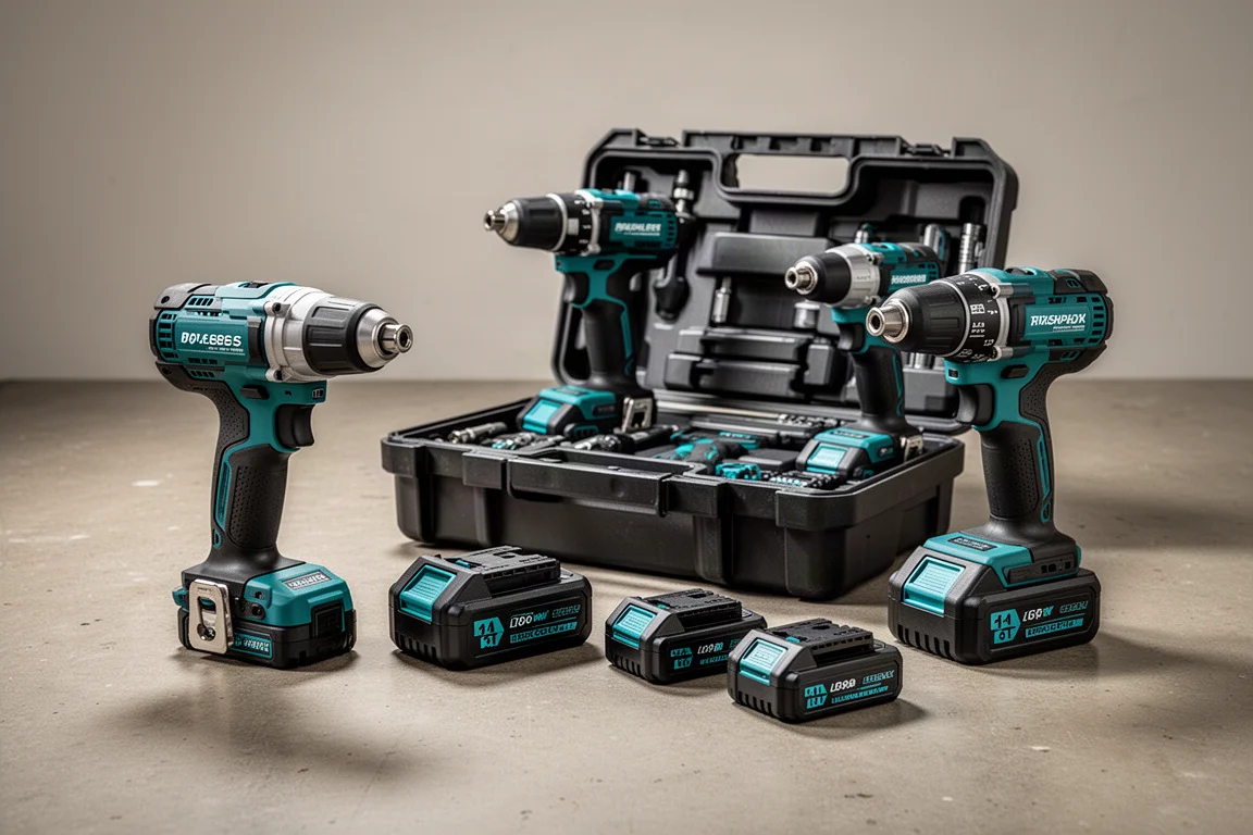 Cordless power tools, combo kit case, and slide-pack batteries on a concrete workshop floor