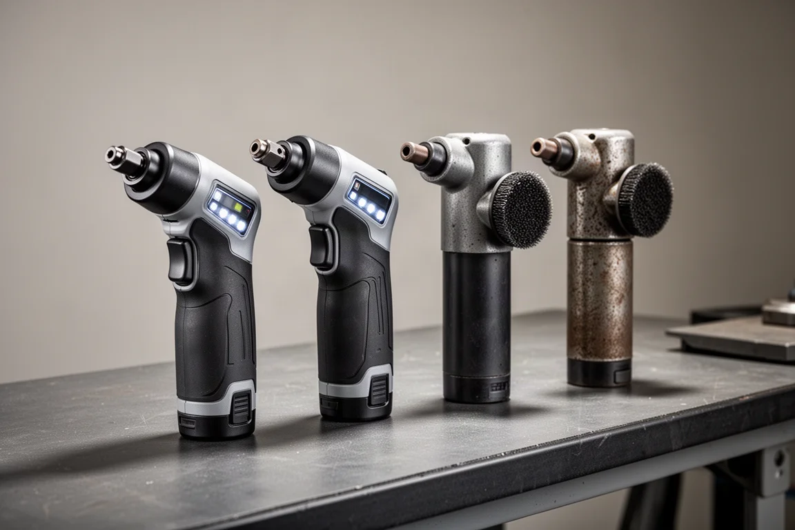Four Makita die grinders, two modern and two older models, lined up on a workshop bench