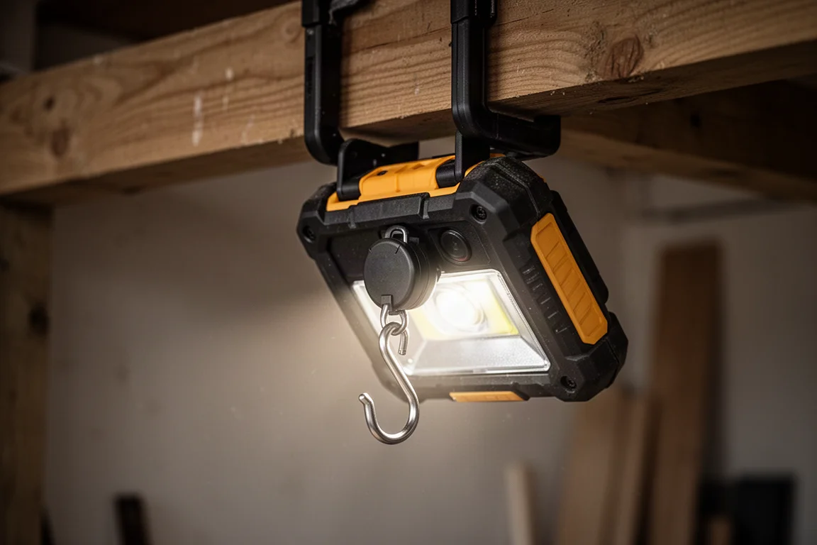 Uitgeklampte metalen haken aan de achterkant van een zoeklamp
