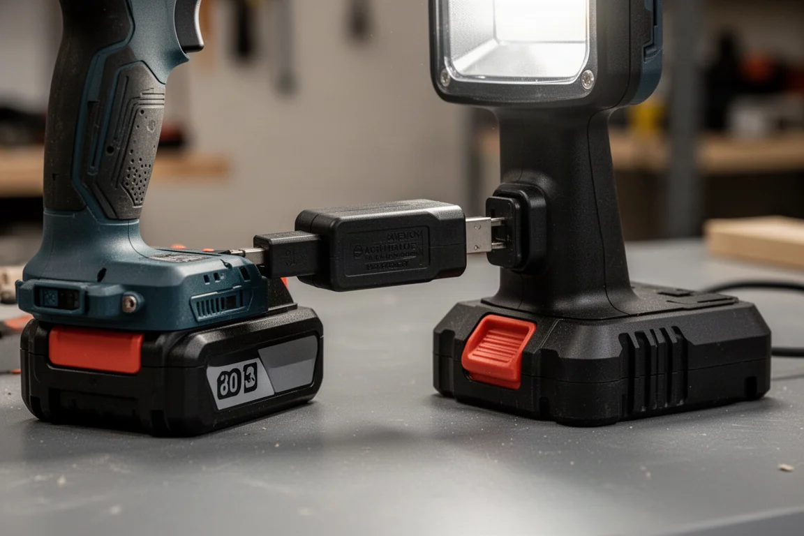 Batterijadapter die een lamp verbindt met een accu van een ander gereedschapsplatform