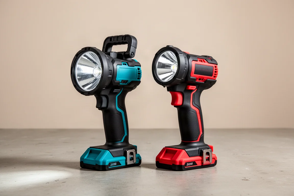 Makita and Milwaukee cordless search lights standing side by side on concrete