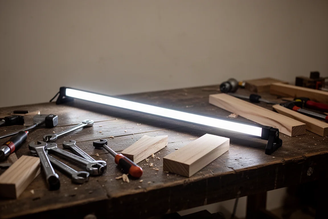 Luce LED da lavoro pieghevole aperta su un banco da lavoro che proietta una lunga striscia di luce uniforme