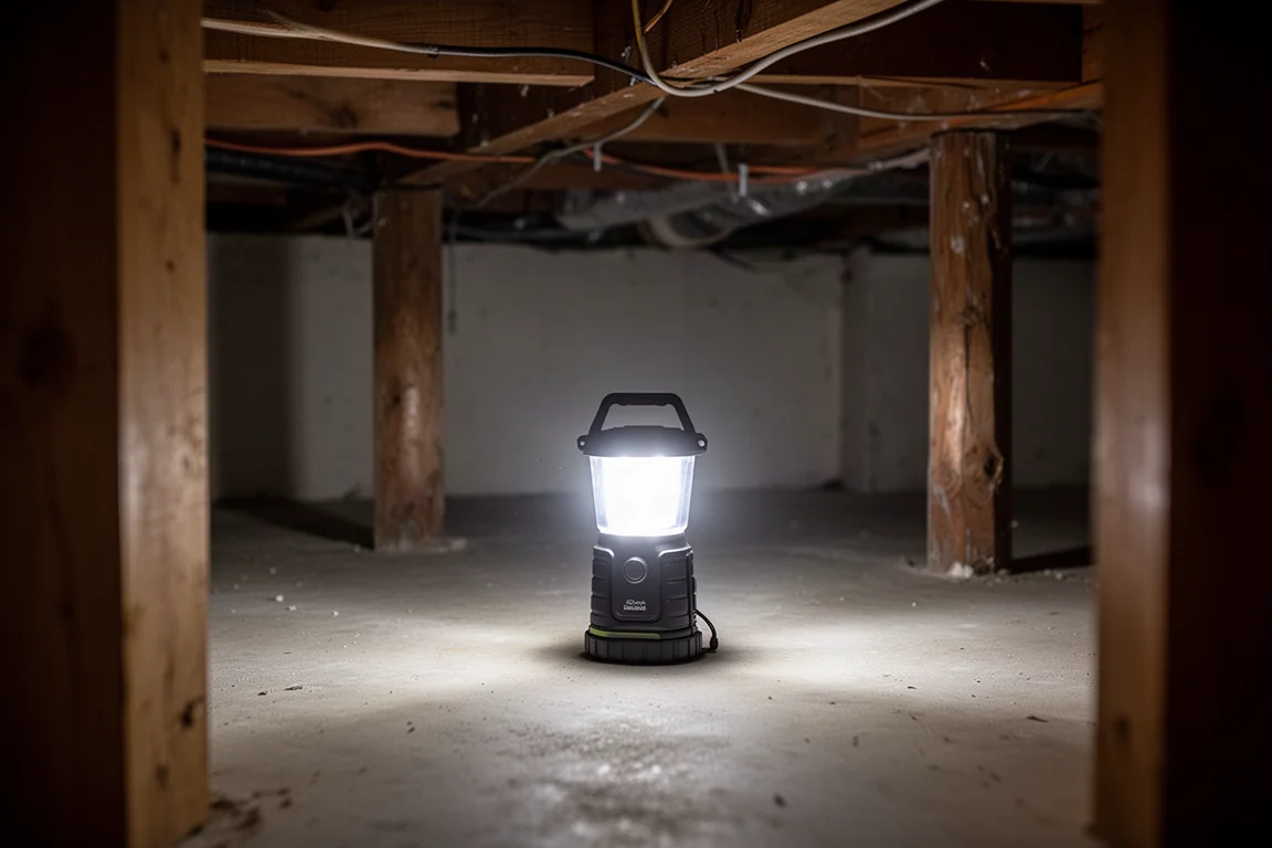 Luce pieghevole compatta in posizione lanterna che illumina uno stretto sottoscala buio