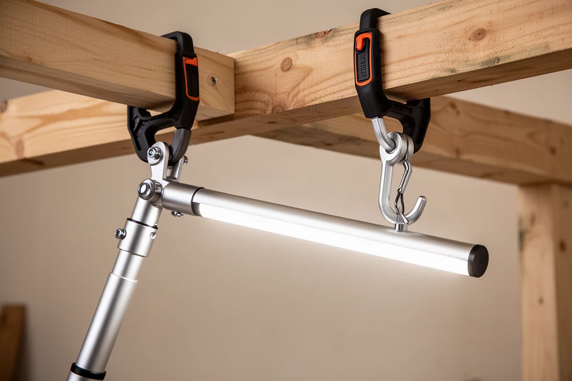 Supporto telescopico in alluminio con gancio serrato tra travature a soffitto che sorregge una lunga luce LED