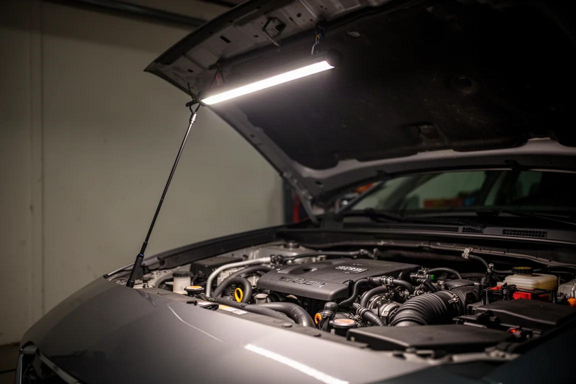 Slitta LED sottile agganciata a un cofano auto aperto che illumina il vano motore di notte