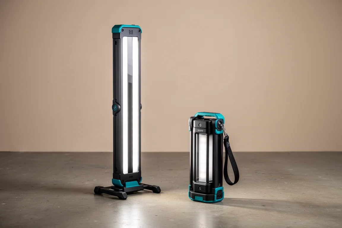 Two folding Makita LED work lights, one extended and one folded, on concrete