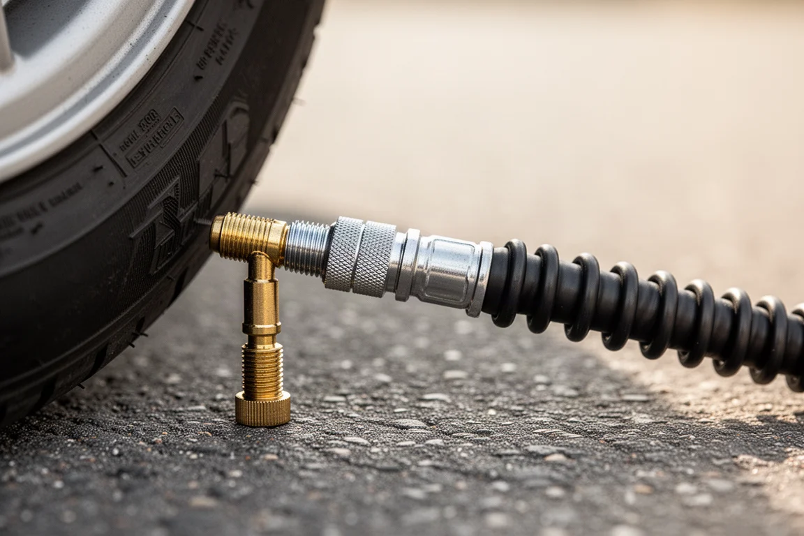 Adaptateur à visser du flexible d'un gonfleur fixé à la valve d'un pneu de voiture