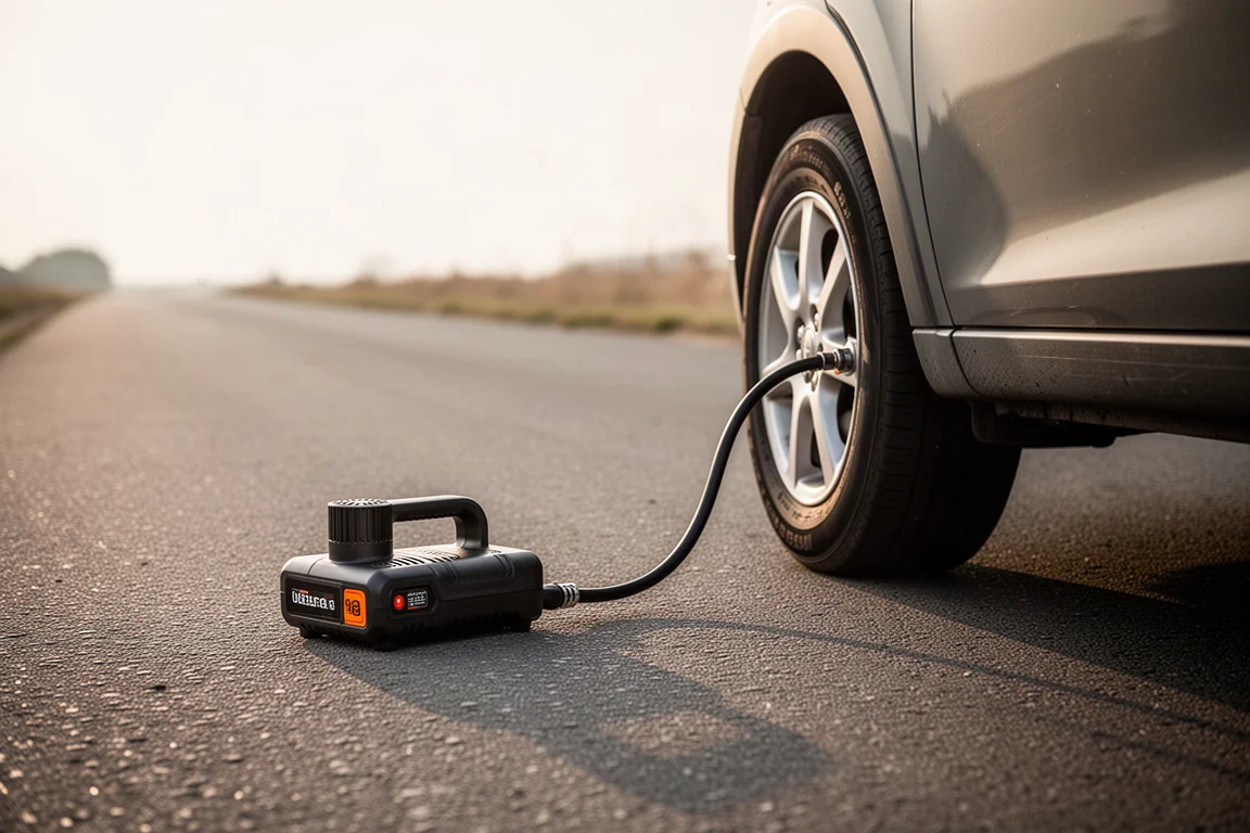 Voiture garée au bord de la route avec un gonfleur portable posé à côté d'une roue