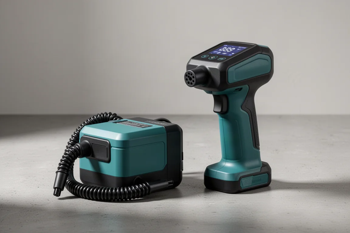 Two Makita 18V cordless inflators side by side on a concrete surface