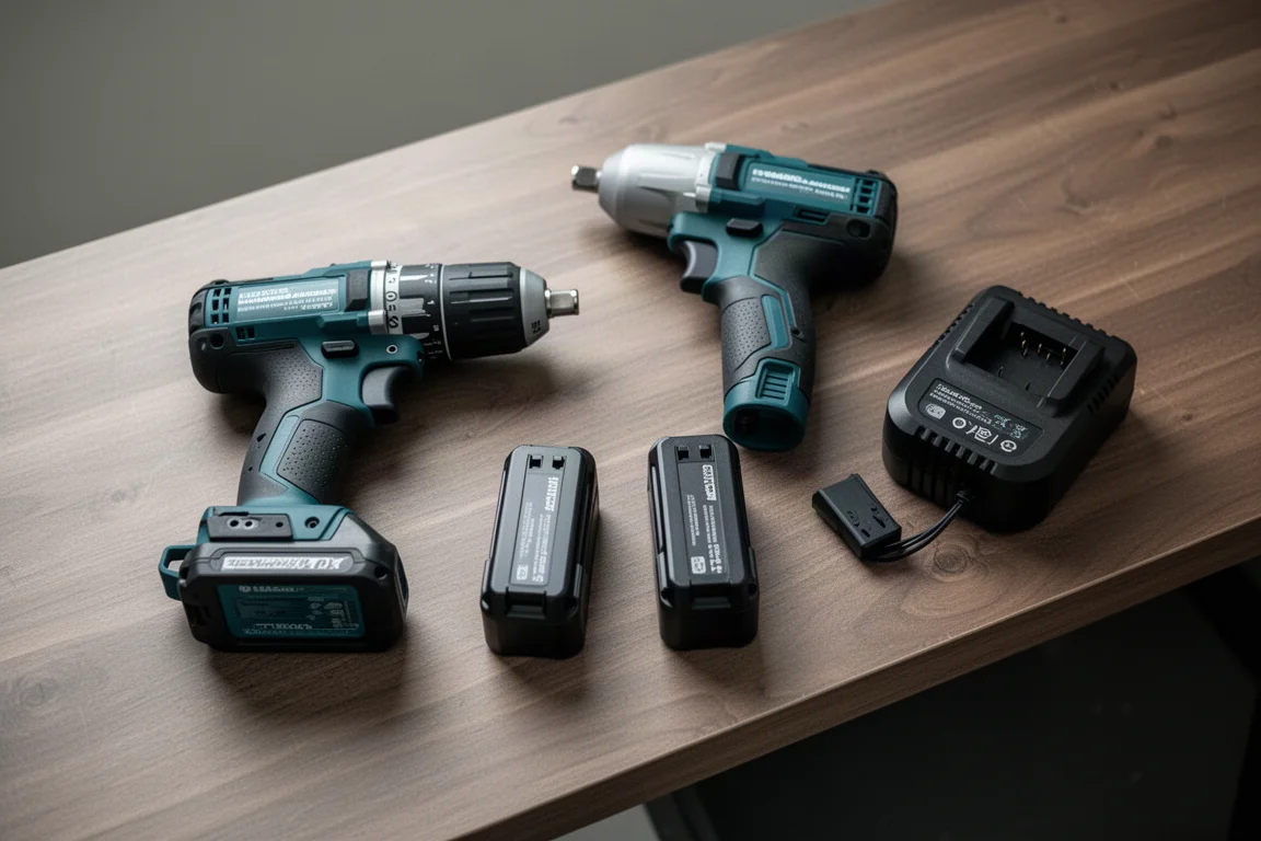 Kit trapano e avvitatore a impulsi a batteria con batterie disposte su un banco da lavoro